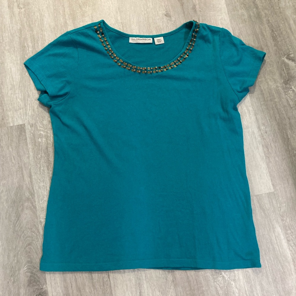 Sag Harbor Teal Blue Top Short Sleeve Small Beaded Neckline